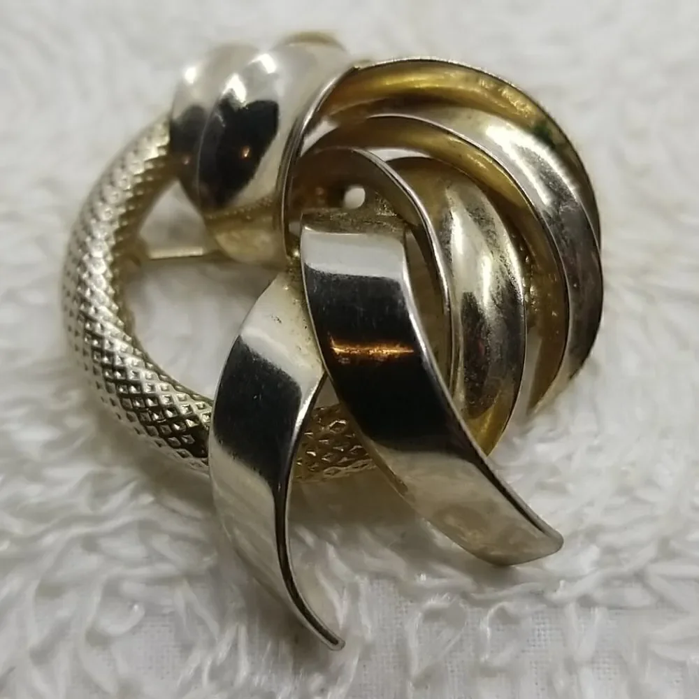 Gold Circle Pin Brooch  wrapped by gold tone ribbon style
